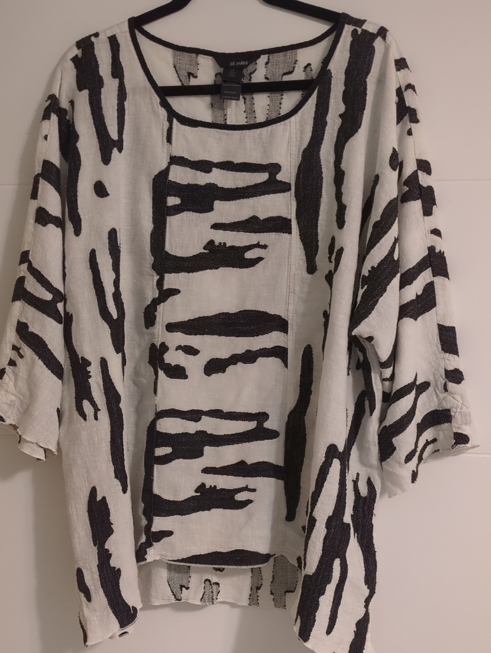Ali Miles Relaxed Zebra-Print Linen Blend Top White Black Boho Lagenlook Sz 2X